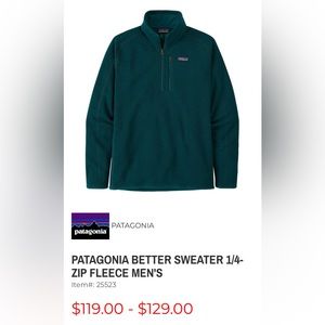 NWT Men’s XL Patagonia Better Sweater 1/4 Zip Fleece, Dark Borealis Green NWT